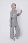 Çiçek Desenli Beli Büzgülü Tunik ve Geniş Paça Pantolonlu Takım İndigo 26YT6156