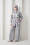 Çiçek Desenli Beli Büzgülü Tunik ve Geniş Paça Pantolonlu Takım İndigo 26YT6156