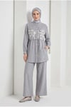 Çiçek Desenli Beli Büzgülü Tunik ve Geniş Paça Pantolonlu Takım İndigo 26YT6156