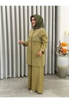 TREND FİLE DETAYLI TENCEL PANTALONLU TAKIM YAĞ YEŞİLİ