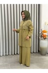 TREND FİLE DETAYLI TENCEL PANTALONLU TAKIM YAĞ YEŞİLİ