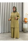 TREND FİLE DETAYLI TENCEL PANTALONLU TAKIM YAĞ YEŞİLİ