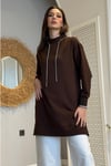 Yakası Taş Bağcıklı Fermuarlı Tunik - Kahve