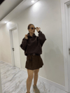 Çift Kumaşlı Kapişonlu Şardonlu Önü cepli SweatShirt Acıkahve