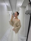 Parlak Taşlı Uzun Kollu Merserize Beach Triko Crop Top Bluz  Bej
