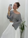 Parlak Taşlı Uzun Kollu Merserize Beach Triko Crop Top Bluz  Gri