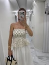 Premium Peplum Kesim Puantiye Desenli Beyaz Straplez Büstiyer Bluz