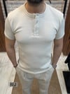 %100 Pamuk Fitilli 3 Düğmeli T-Shirt--Bej