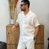 Ham Keten Kısa Kollu Gömlek - Regular Fit-Beyaz
