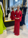 HELİN Kolları Tüylü Drape Detaylı V Yaka Balık Model Abiye Elbise