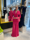 HELİN Kolları Tüylü Drape Detaylı V Yaka Balık Model Abiye Elbise