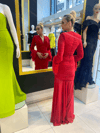 HELİN Kolları Tüylü Drape Detaylı V Yaka Balık Model Abiye Elbise