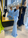 HELİN Kolları Tüylü Drape Detaylı V Yaka Balık Model Abiye Elbise