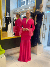 HELİN Kolları Tüylü Drape Detaylı V Yaka Balık Model Abiye Elbise
