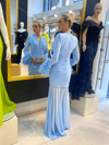 HELİN Kolları Tüylü Drape Detaylı V Yaka Balık Model Abiye Elbise