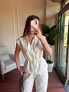 GÜMÜŞ FERMUAR DETAYLI KETEN TAKIM - BEYAZ