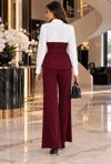 ADU Elegance Gömlek Yakalı Kuşaklı Asimetrik Bluz ve Geniş Paça Pantolon İkili Takım