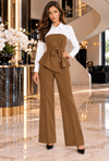 ADU Elegance Gömlek Yakalı Kuşaklı Asimetrik Bluz ve Geniş Paça Pantolon İkili Takım