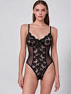 Kadın Siyah Çiçek Desenli Dantel Transparan Askılı Fantezi Babydoll