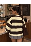 Pembe Çizgili Oversize Bisiklet Yaka Sweatshirt