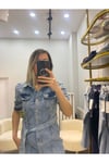 Kadın Açık Mavi Önü Düğmeli Prenses Kol Beli Kuşaklı Kemerli Midi Boy Jean Kot Elbise