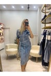 Kadın Açık Mavi Önü Düğmeli Prenses Kol Beli Kuşaklı Kemerli Midi Boy Jean Kot Elbise