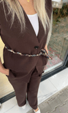 Kahve Kuşaklı Yelek Pantolon Keten Takım