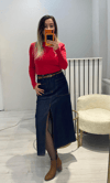 Önü Yırtmaçlı Cep Detaylı Denim Etek