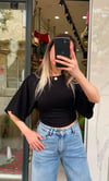 Siyah Belden Oturtmalı Yarasa Kol Bluz