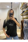 Siyah Payetli Palmiye Desenli Kadın T-shirt