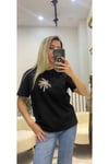Siyah Payetli Palmiye Desenli Kadın T-shirt
