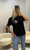Siyah Payetli Palmiye Desenli Kadın T-shirt