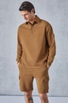 AATROX Erkek Polo Yakalı Patlı Düğmeli Uzun Kol Regular Fit Nakış Detaylı Koyu Kahverengi Sweatshirt