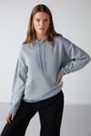 ADEL Kadın İçi Polarlı Yumuşacık Relaxed Örme 3 İplik Kanguru Cepli Kapüşonlu Mavi Sweatshirt