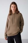 Adel Kadın Organik Pamuklu Içi Polarlı Yumuşacık Relaxed  Kanguru Cepli Kapüşonlu Vizon Sweatshirt