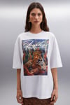 AILIS Kadın %100 Pamuk Oversize Fit  Baskılı Beyaz T-Shirt