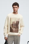 ALARIC Erkek Yuvarlak Yaka Önü Baskılı Regular Fit Ekru Sweatshirt