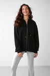 ALENA Kadın Basic Kanguru Cepli Oversize Organik Pamuk Fermuarlı Kapüşonlu Siyah Sweatshirt