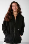 ALENA Kadın Basic Kanguru Cepli Oversize Organik Pamuk Fermuarlı Kapüşonlu Siyah Sweatshirt