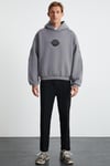ALFIAN Erkek Maskeli İçi Polarlı Yumuşacık Nakış Detaylı Comfort Organik Pamuk Koyu Gri Sweatshirt