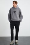 ALFIAN Erkek Maskeli İçi Polarlı Yumuşacık Nakış Detaylı Comfort Organik Pamuk Koyu Gri Sweatshirt