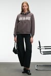 ALIRAYNE Kadın Baskılı Oversize Kapüşonlu Kanguru Cep Antrasit Sweatshirt