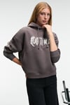 ALIRAYNE Kadın Baskılı Oversize Kapüşonlu Kanguru Cep Antrasit Sweatshirt