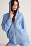 AMETIS Kadın İçi Polarlı Nakış Yazı Detaylı Organik Pamuk Oversize Kapüşonlu Mavi Sweatshirt
