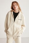 AMETIS Kadın İçi Polarlı Nakış Yazı Detaylı Organik Pamuk Oversize Kapüşonlu Vanilya Sweatshirt