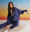 AMETIS Kadın İçi Polarlı Nakış Yazı Detaylı Organik Pamuk Oversize Kapüşonlu Lacivert Sweatshirt
