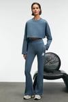 ANOUK Kadın Pamuklu Baskı Ve Patch Detaylı Bisiklet Yaka Crop Petrol Mavisi Sweatshirt