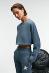 ANOUK Kadın Pamuklu Baskı Ve Patch Detaylı Bisiklet Yaka Crop Petrol Mavisi Sweatshirt
