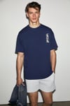 ANTONIO Erkek Baskı Detaylı %100 Organik Pamuk Örme Oversize Lacivert T-Shirt