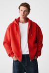 ASHBY Erkek Kapüşonlu Fermuarlı Cepli Kordonlu Boxy Kalıp Kırmızı Sweatshirt